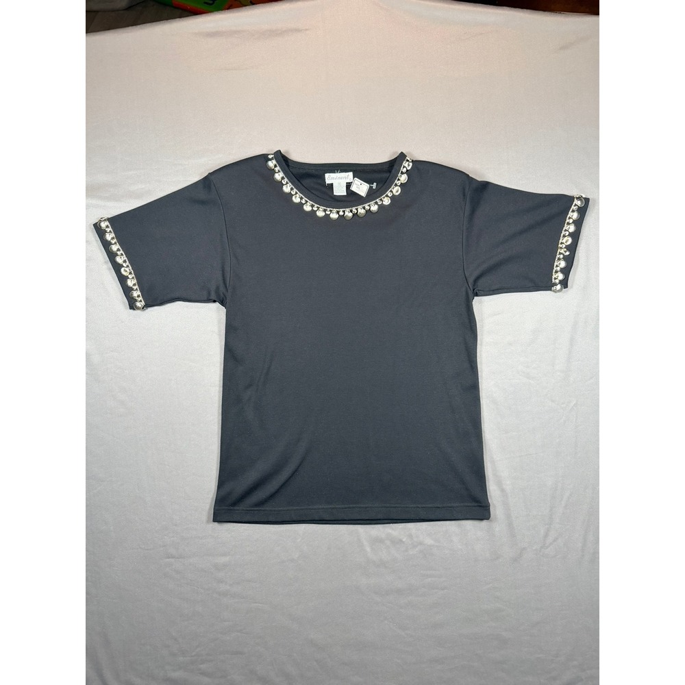 Eminent Womens Black Short Sleeve Shell Trim Top Gold Seashell Charms NWT‎ Small